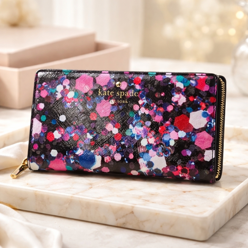 Kate Spade Black Multicolor Confetti Zip Around Wallet NWOT